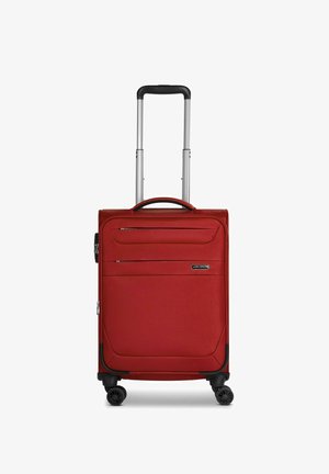 Roter Koffer mit zwei leichtlaufenden Rädern, ausziehbarem Griff, Vorderseite mit Reißverschlussfach und strukturiertem Finish. Robustes Material und aerodynamisches Design.