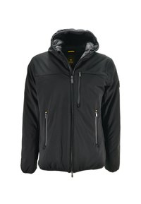 Giacca nera con zip frontale, cappuccio e due tasche laterali. Materiale liscio con una sottile lucentezza e dettagli in hardware giallo a contrasto.