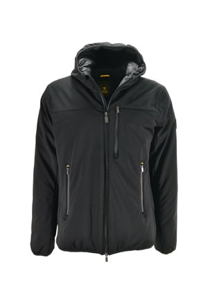 Giacca nera con zip frontale, cappuccio e due tasche laterali. Materiale liscio con una sottile lucentezza e dettagli in hardware giallo a contrasto.