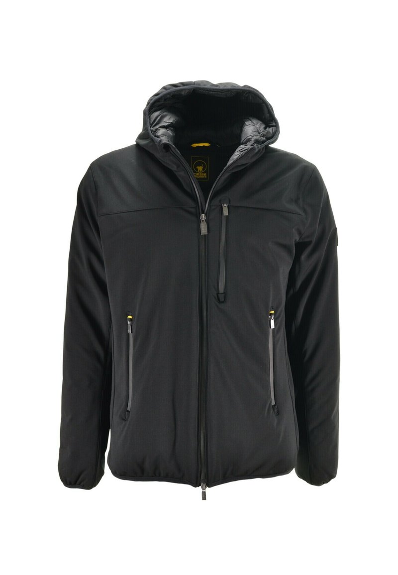 Giacca nera con zip frontale, cappuccio e due tasche laterali. Materiale liscio con una sottile lucentezza e dettagli in hardware giallo a contrasto.