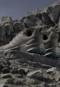 Para brązowych butów trekkingowych Terrex umieszczonych na skalistym terenie pod czystym niebem, podkreślająca ich wytrzymały, outdoorowy design.