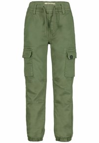 Olivegrüne Cargo-Hosen mit verstellbarem Kordelzugbund, mehreren Seitentaschen und elastischen Bündchen. Hergestellt aus strapazierfähigem Stoff mit glatter Textur.