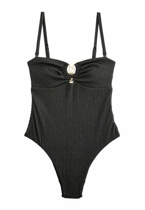 Costum de baie întreg negru cu dungi verticale subțiri argintii, bretele reglabile și închizătoare metalică circulară în centrul bustului.