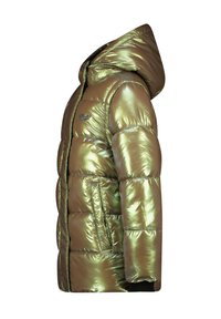 Pufferjack in reflecterend groene stof met een capuchon, gekwilt textuur, zwarte accenten en een ritssluiting aan de voorkant. Heeft zijzakken.