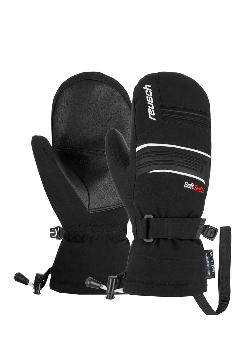 Moufles noires avec un matériau extérieur en softshell, paumes en cuir, poignets ajustables et cordons pour un ajustement sécurisé. Marque visible.