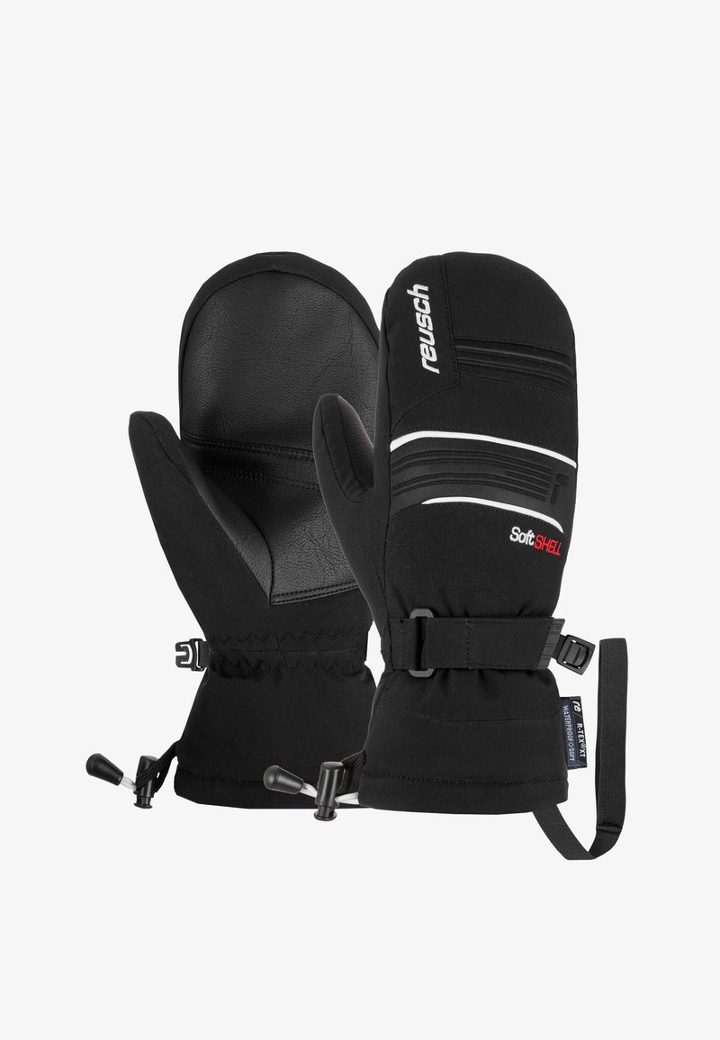 Black mittens featuring a softshell outer material, leather palms, adjustable cuffs, and drawstrings for a secure fit. Branding visible.