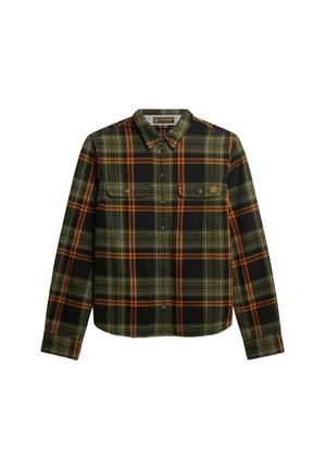 Groene en zwarte geruite flanellen shirt met oranje accenten, lange mouwen, knoopsluiting aan de voorkant en twee borstzakken. Stevige textuur.