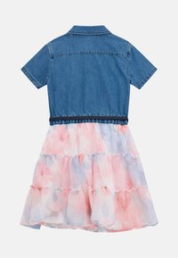 Denim top with short sleeves, collared neckline, and elastic waist; layered tulle skirt in pink and blue floral pattern.