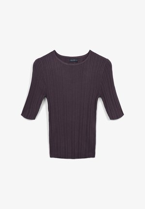 Kurzärmliges geripptes Oberteil in Dunkellila, mit rundem Ausschnitt und strukturiertem Stoff. Schlichte und figurbetonte Silhouette, ungeschmücktes Design.