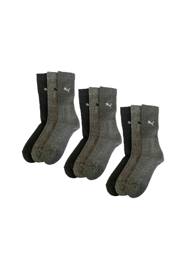 Three sets of black, dark gray, and light gray Puma crew socks arranged in pairs on a white background.