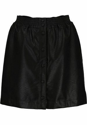 Zwarte rok van kunstleer met elastische tailleband en frontsluiting met drukknopen, gladde textuur, lengte boven de knie.