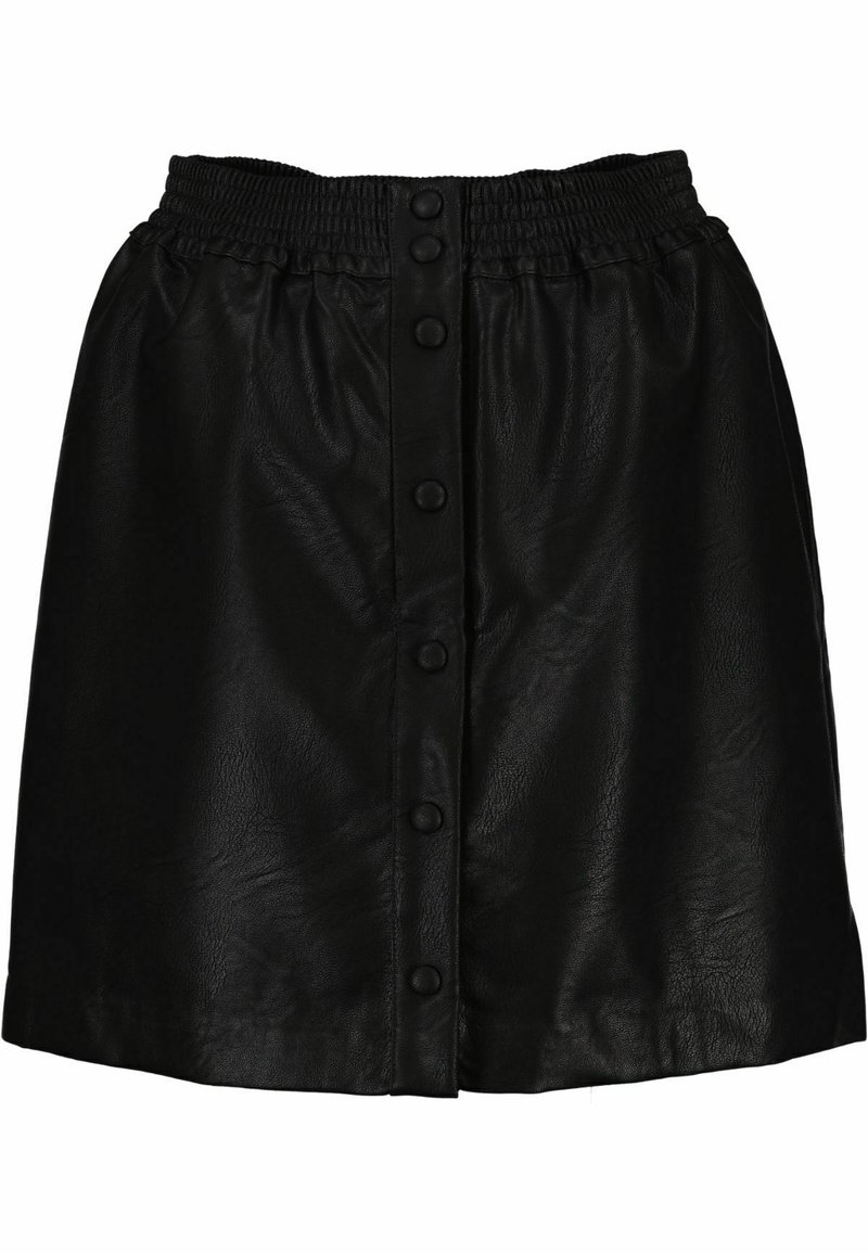 Jupe noire en simili cuir avec taille élastique et fermeture à bouton-pression devant, texture lisse, longueur au-dessus du genou.