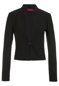 Blazer nero su misura con maniche lunghe, colletto alto e chiusura frontale con zip. Presenta due tasche laterali e dettagli di cucitura discreti.