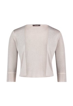 Light beige cardigan with a metallic sheen, open front, three-quarter sleeves, and decorative stitching at the cuffs. Soft knit texture.