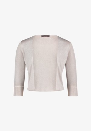 Světle béžový kardigan s metalickým leskem, otevřený na přední straně, tříčtvrteční rukávy a dekorativní prošívání na manžetách. Měkká pletená textura.