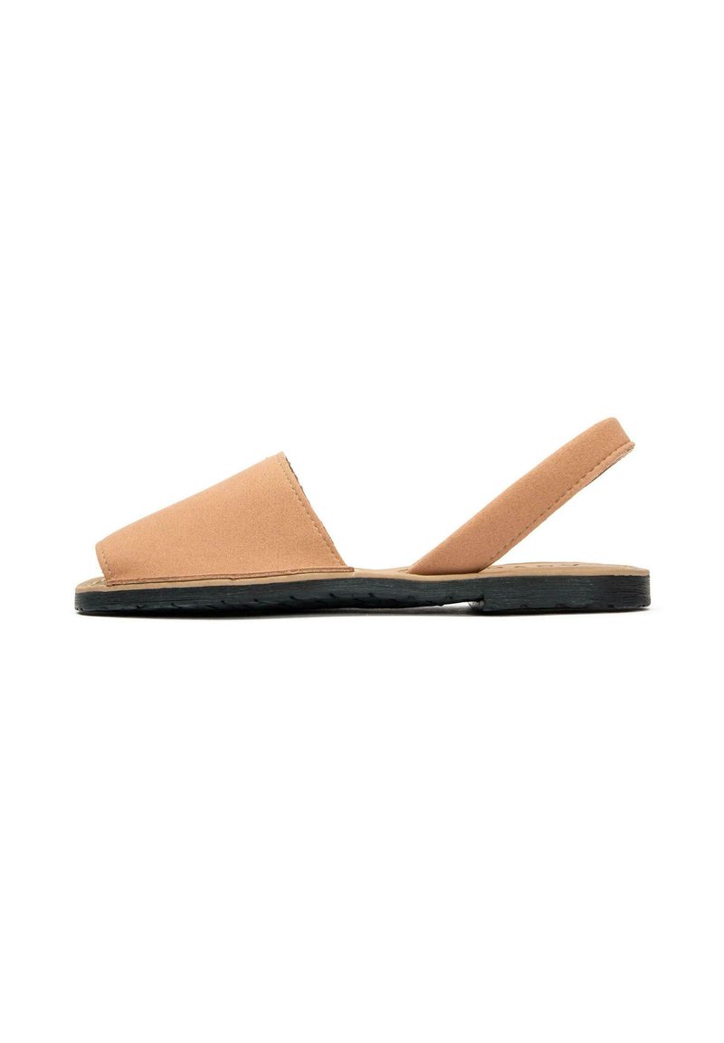 Tan leather sandals with an open toe design, a single strap across the foot, and a soft, textured finish. Flat black sole.