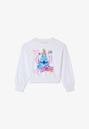 Felpa bianca corta con maniche lunghe, caratterizzata da una stampa colorata di un personaggio dei cartoni animati, testo ed elementi decorativi.