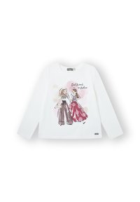Camiseta blanca de manga larga con un gráfico de dos chicas en atuendos coloridos, con el texto "Mejores amigas en moda" arriba.