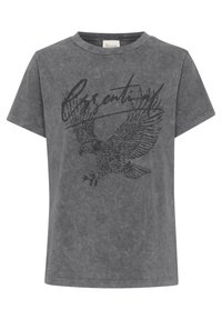 Pilka medvilninė marškinėlių „T-shirt“ su apykakle, trumpomis rankovėmis, puošti juodu erelio piešiniu ir žodžiu „Essential“ skriptu per krūtinę.