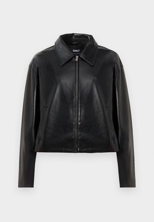 Black faux leather jacket with full front zipper, pointed collar, and side pockets, displayed against a white background.