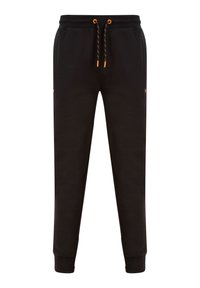 Zwarte sweatpants gemaakt van zachte stof, met een elastische tailleband en oranje koordjes, evenals ribgebreide enkels. Inclusief zijzakken.