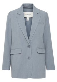 Světle modrý blazer se strukturovaným designem, klopami, dvěma předními kapsami a dvěma knoflíkovým zapínáním. Vyrobeno z texturované látky.