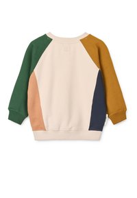 Felpa color block con pannelli verdi, senape, blu navy e pesca. Polsini e orlo a maglia, texture morbida, vestibilità rilassata.