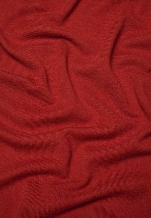 Tessuto a maglia rossa con una finitura morbida e testurizzata, che presenta onde e pieghe sottili. Il materiale mostra un motivo a maglia di peso medio, uniforme.