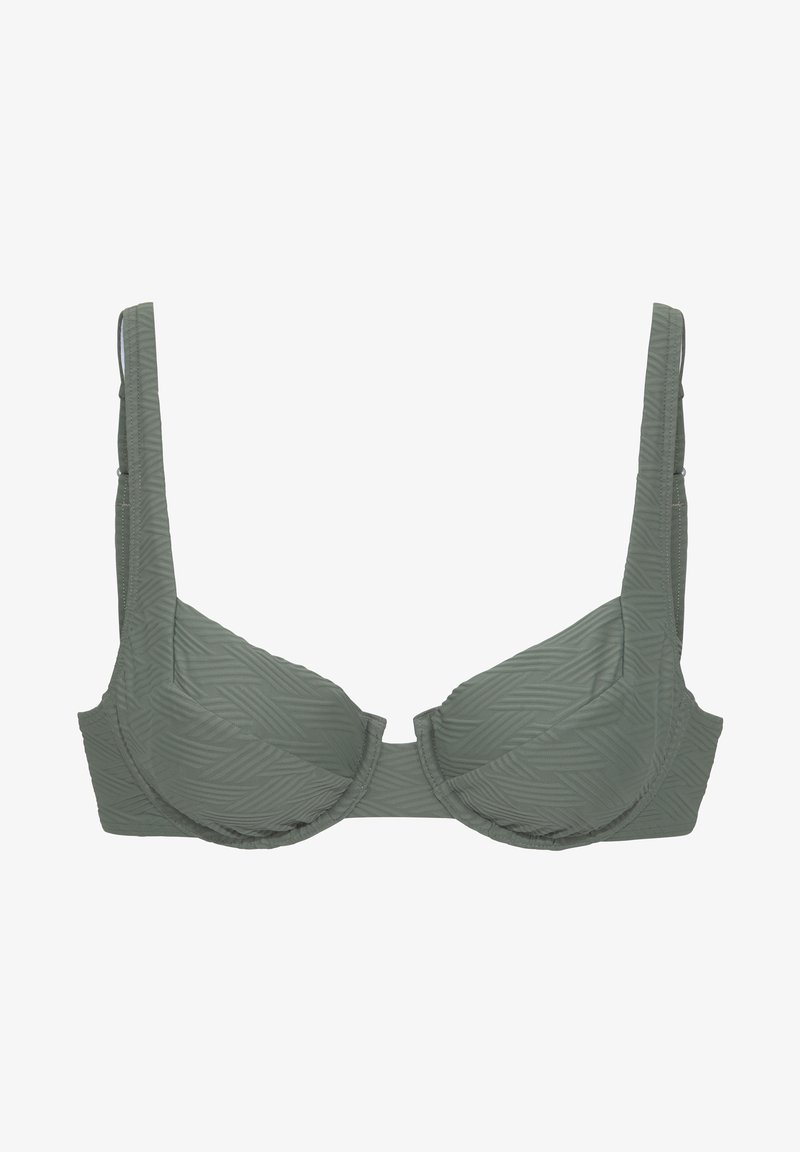 Groen patroon bh met een gestructureerd ontwerp, brede bandjes en een gladde textuur. De cups hebben een subtiel loofmotief.