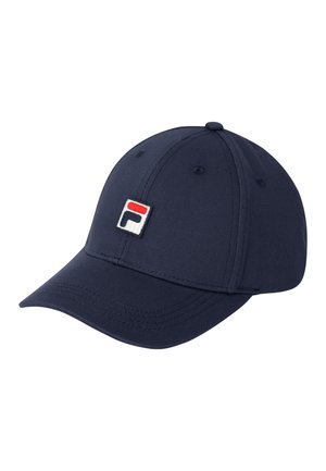 Marineblaue Baseballkappe mit gebogenem Schirm und einem kleinen quadratischen Logo mit roten und marineblauen Formen auf dem Vorderpanel.