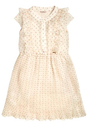 Hellcremefarbenes Kleid mit rosa Punkten, gerafften Ärmeln, Knopfverschluss und plissiertem Rock. Der Stoff ist weich und leicht.