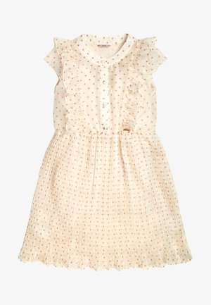 Hellcremefarbenes Kleid mit rosa Punkten, gerafften Ärmeln, Knopfverschluss und plissiertem Rock. Der Stoff ist weich und leicht.