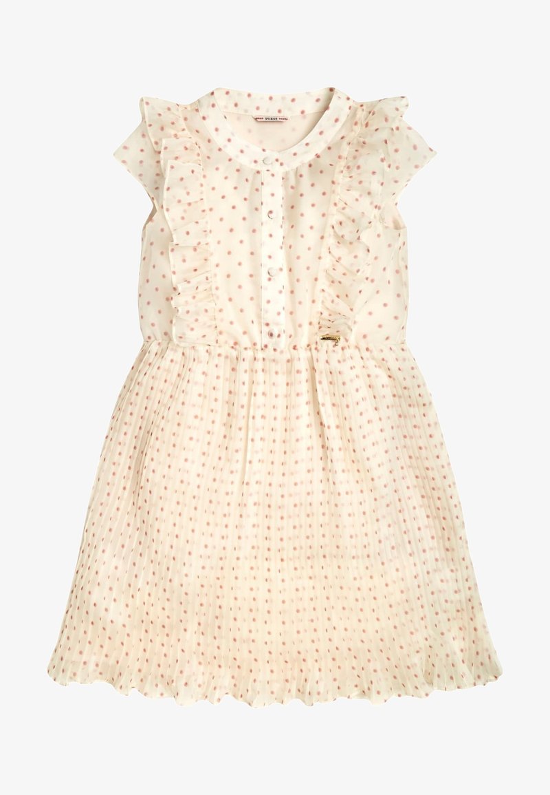 Robe crème claire à pois roses, manches volantées, fermeture à boutons et jupe plissée. Le tissu est doux et léger.