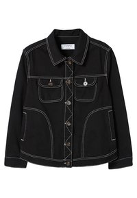 Schwarze Jeansjacke mit Kragen, Knöpfen vorne, zwei Brusttaschen und Seitentaschen. Verfügt über kontrastierendes weißes Nähgarn und eine lockere Passform.