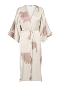 Robe kimono en satin crème avec des motifs aquarelle roses, décolleté en V et taille à nouer. Des manches évasées et une fente à l'avant ajoutent du détail.