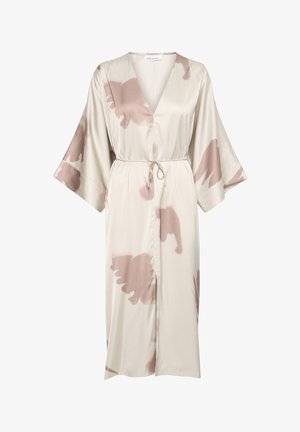 Kreemjas satiinkimonos kleit, millel on roosa akvarellmuster, V-kaelus ja sidumisvöö. Laiad varrukad ja esitasku lisavad detaili.