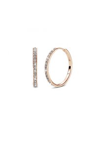 Boucles d'oreilles en or rose en forme de créole, ornées d'une rangée de petits cristaux transparents sur un côté, avec une finition lisse et polie et un design léger.