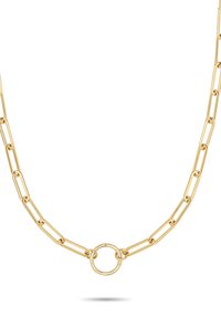 Goldene Halskette mit länglichen, ineinandergreifenden Gliedern und einem zentralen, runden Ringakzent. Glatte Oberflächenstruktur und glänzende Textur.