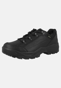 Czarne buty trekkingowe z syntetyczną cholewką, teksturowanym wykończeniem, okrągłym noskiem i gumową podeszwą z głębokim bieżnikiem zapewniającym dobrą przyczepność. Sznurowana konstrukcja.