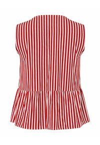 Haut sans manches rayé verticalement rouge et blanc avec un ourlet à volant, vu de dos.