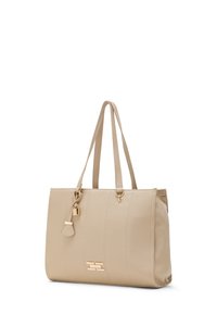 Borsa tote beige con cuciture verticali, dettagli in oro e un lucchetto decorativo. Presenta due manici per la spalla e una forma strutturata.
