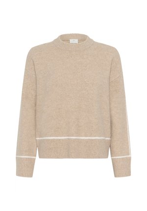 Bežs adīts džemperis ar ribota apkakli, garām piedurknēm un baltu akcentu joslu gar apakšmalu un piedurknēm. Mīksta tekstūra, brīvs piegriezums.