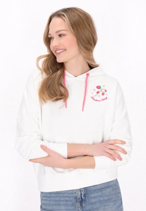 Hoodie blanc avec des cordons rose, présentant un design de fraise brodé sur la poitrine. Bas de manches et ourlet côtelés, coupe décontractée.