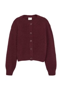 Bordeaux chunky gebreide cardigan met een ronde halslijn, lange mouwen, geribbelde manchetten en zes knopen aan de voorkant. Getextureerde stof.
