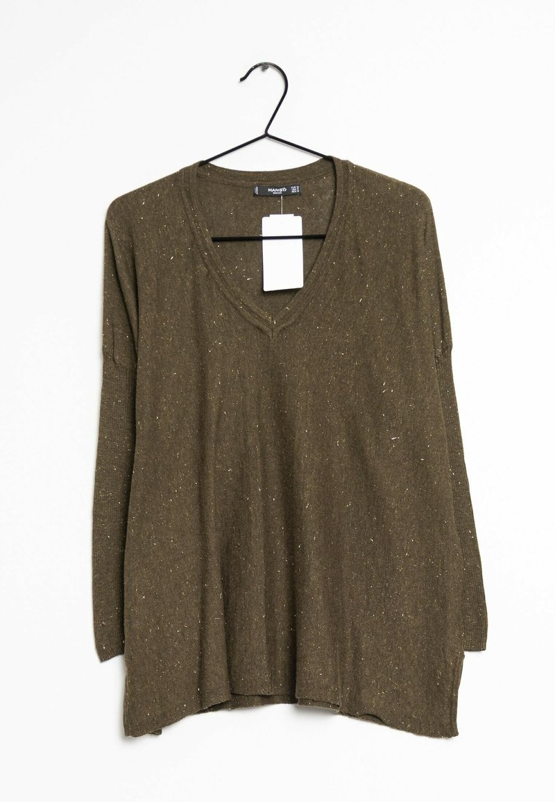 Maglione marrone a maniche lunghe con scollo a V, caratterizzato da una vestibilità ampia e una superficie textured con leggeri puntini chiari. Etichetta del prezzo attaccata.