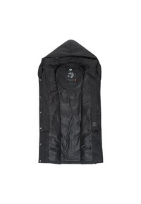 Schwarze Kapuzenjacke mit glattem Innenfutter, das eine dezente gemusterte Textur aufweist. Mit Druckknöpfen und Reißverschlussdetails versehen.