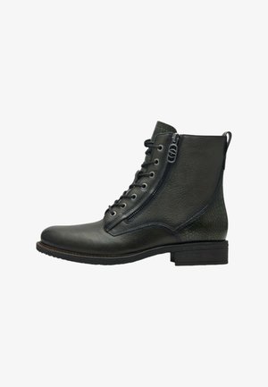 Schwarze Lederstiefel mit strukturiertem Finish, ausgestattet mit einem Reißverschluss vorne, Schnürdesign, runder Zehenpartie und niedrigem Blockabsatz.
