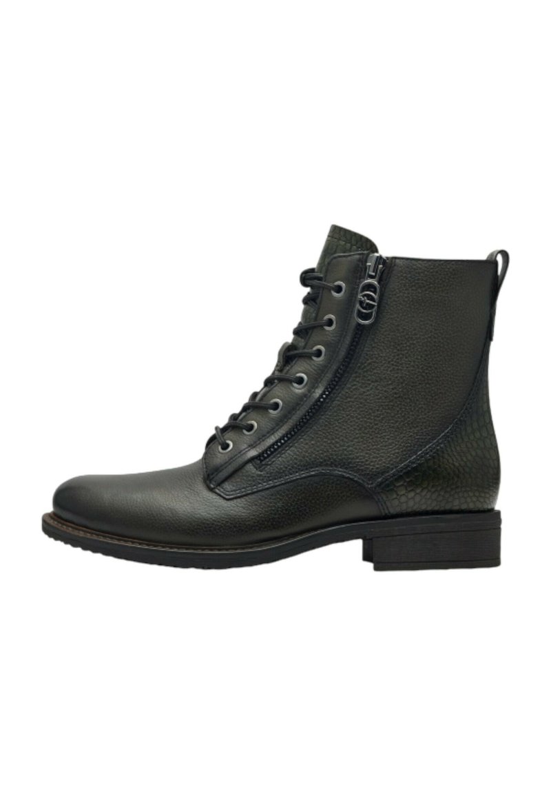 Botas de cuero negras con un acabado texturizado, que cuentan con una cremallera frontal, diseño de cordones, puntera redondeada y un tacón bajo tipo bloque.