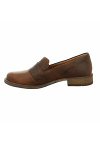 Brown leather slip-on shoe with a rounded toe, raised stitching detail across the front, and a low wooden heel. Smooth texture, casual design.