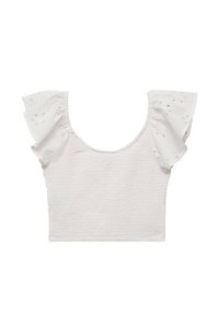 Top bianco corto con maniche ruffle corte, realizzato in un tessuto testurizzato e con dettagli a occhiello lungo i bordi delle maniche. Collo arrotondato.